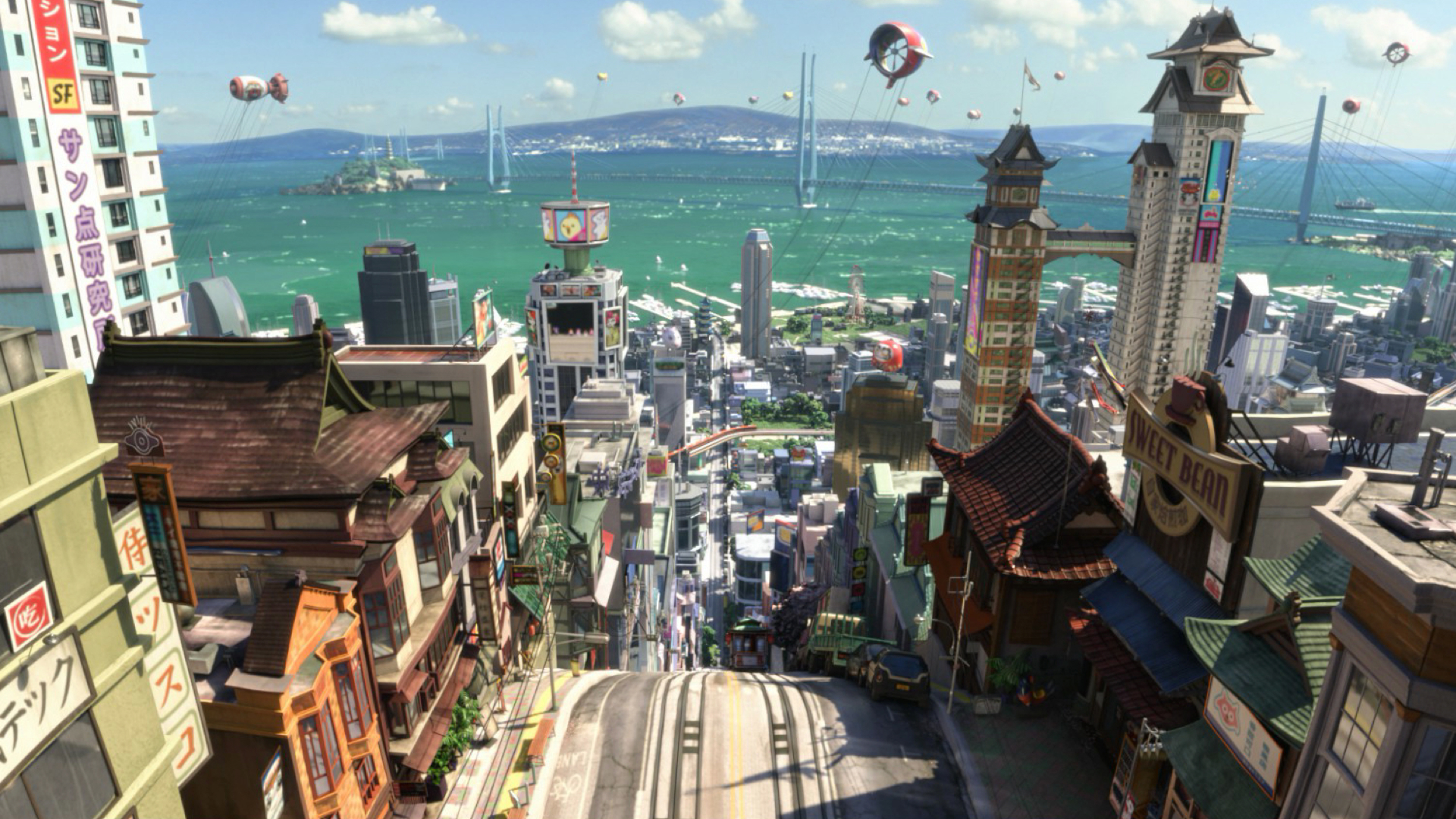 "BIG HERO 6" – Filmmakers captured the busy look of a bustling multicultural city in an early visual test of the look of San Fransokyo in the daytime. ©2014 Disney. All Rights Reserved.
